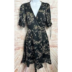Lovestitch Floral Print Wrap Dress Sz Medium Black Short Sleeve V-Neck New